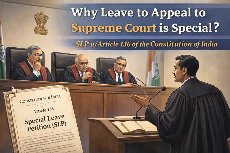 Photo on SLP Showing a lawyer trying to pursuade judges to grant leave to Appeal.