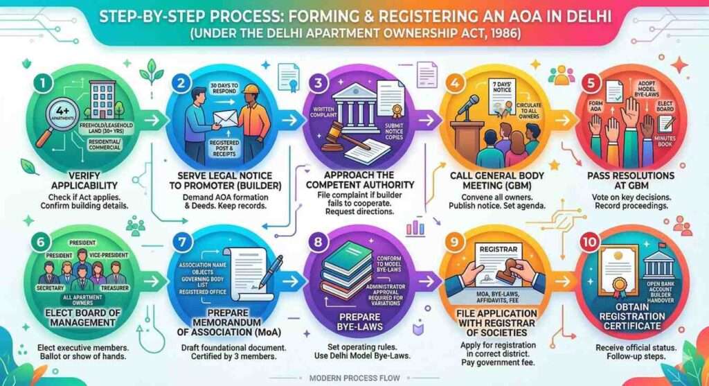 Image shows Step-by-step process flow for formation and registration of an Apartment Owners Association (AOA) in Delhi under the Delhi Apartment Ownership Act, 1986