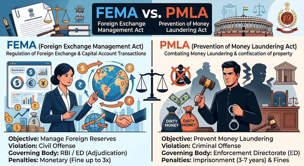FEMA vs PMLA — the key differences between the ED's two laws, civil penalties versus criminal money laundering